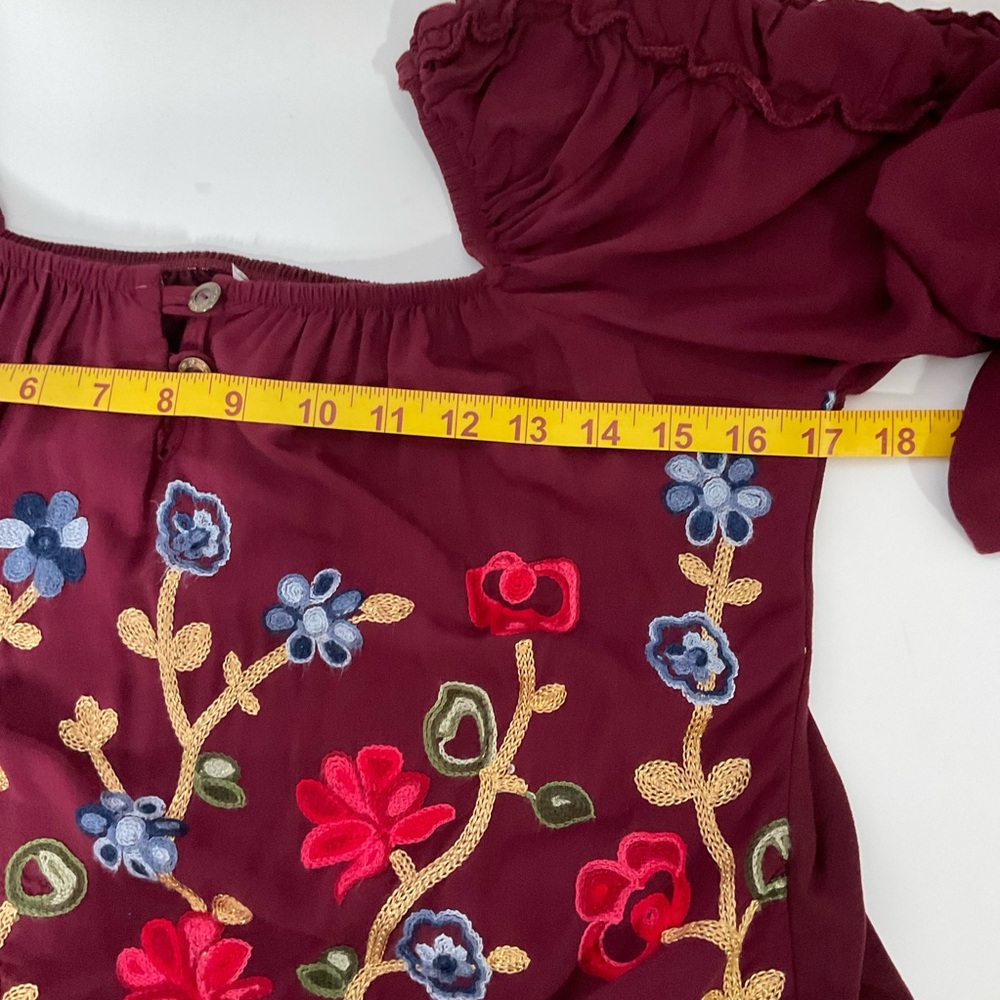 Clarita Floral Embroidered Burgundy Square Neck Gathered Long Sleeve Top No Size - Picture 11 of 14